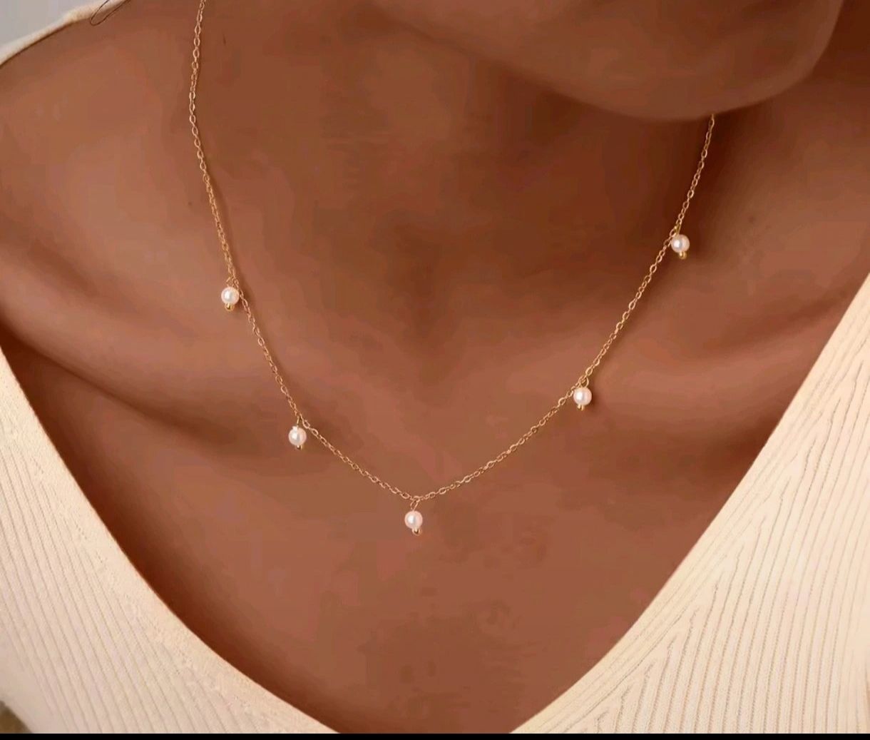 Edelstahl Halskette mit 6 Imitation Perlen Anhänger