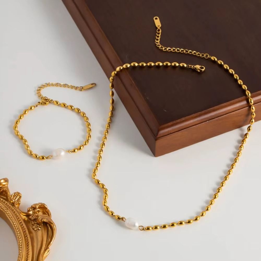 Edelstahl Set Halskette und Armaband mit Perle Anhänger