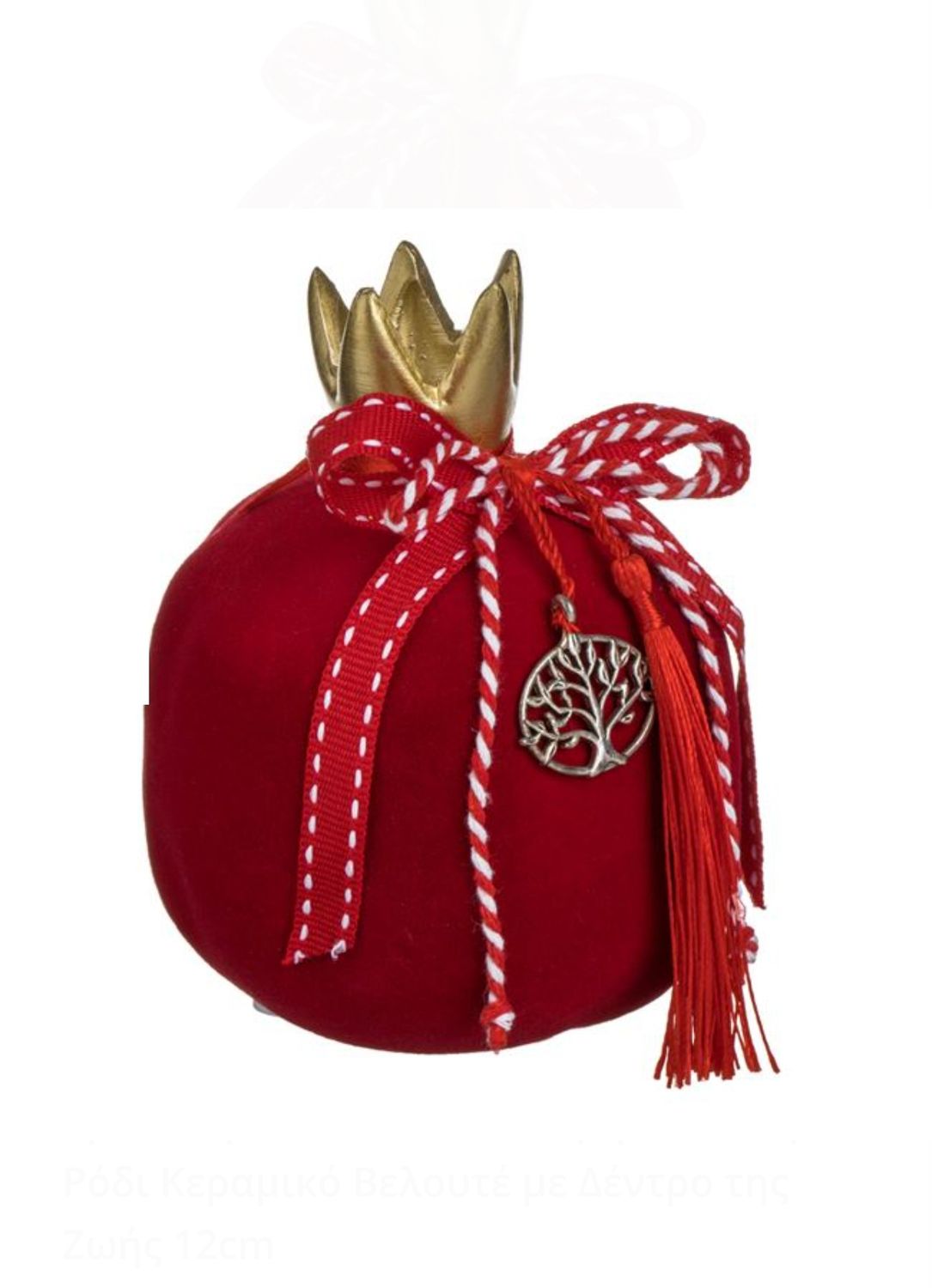 Glücksbringer Granatapfel aus Keramik, Samt mit Lebensbaum, 12 cm