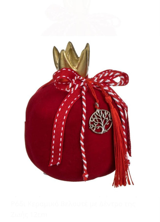 Glücksbringer Granatapfel aus Keramik, Samt mit Lebensbaum, 12 cm