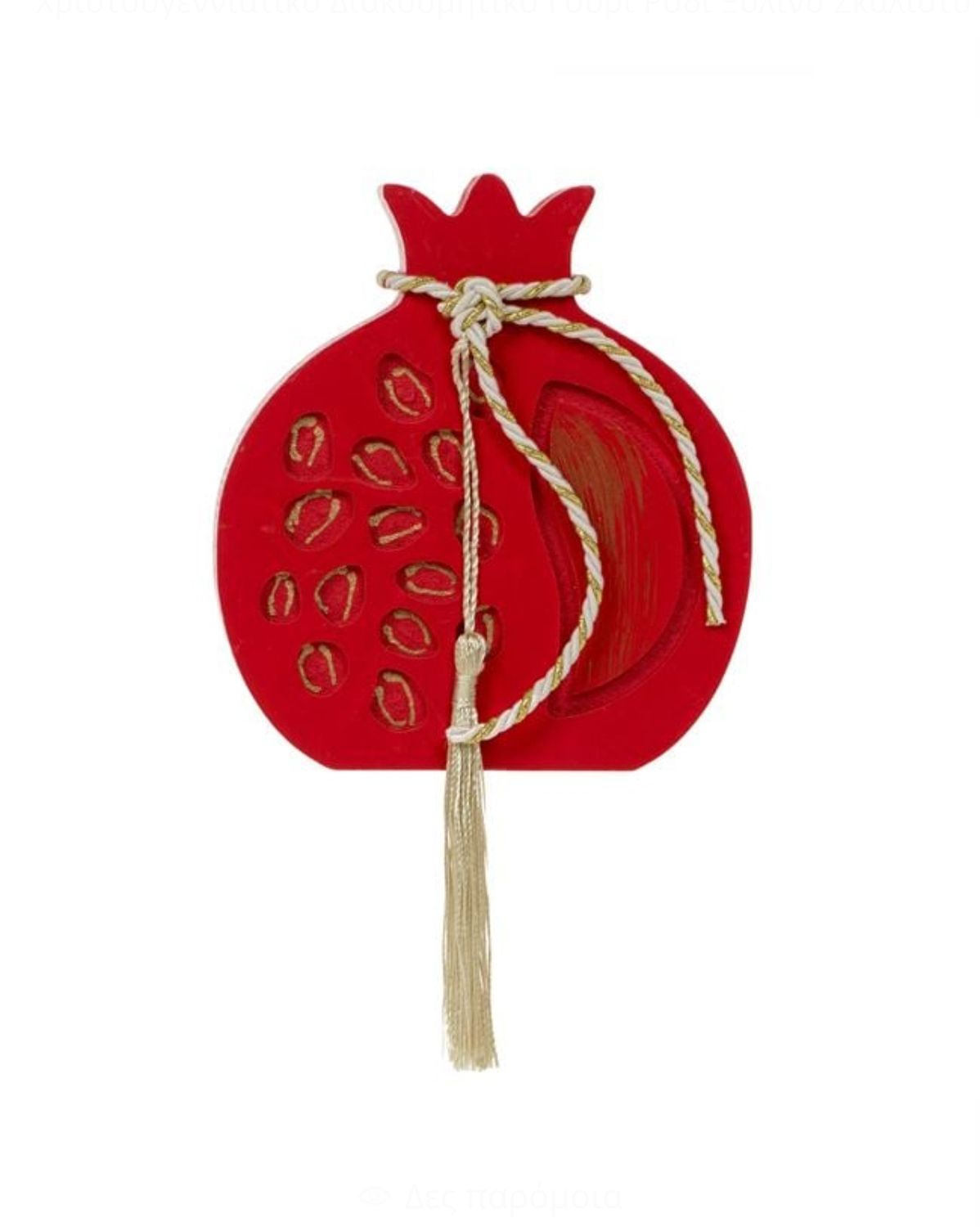 Glücksbringer – Granatapfel aus Holz, geschnitzt mit Früchten, Rot & Goldkordel, 12cm