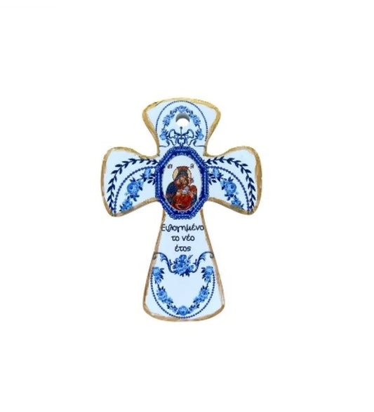 Porzellankreuz mit der Heiligen Mutter Maria & Segensspruch,, Größe 10x7 cm