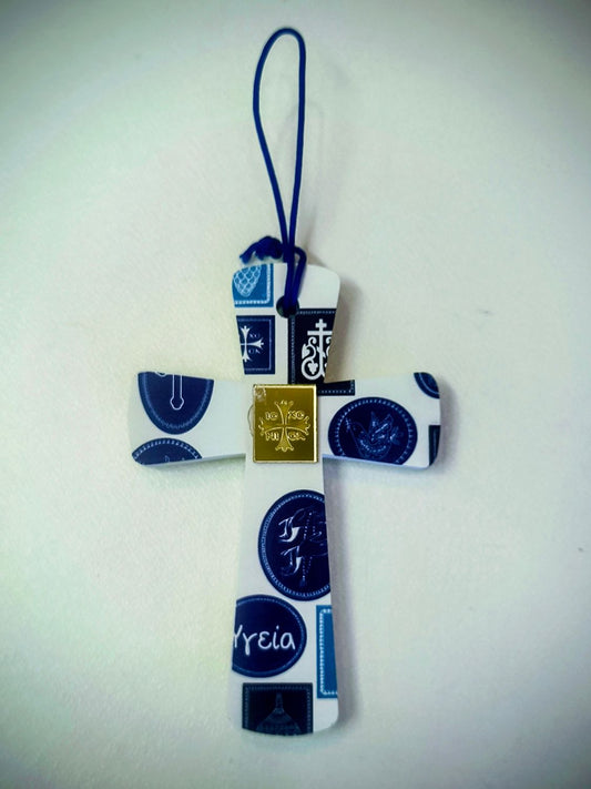 Hängendes Porzellan-Kreuz mit Druck & goldenem Plexiglas ICXC NIKA