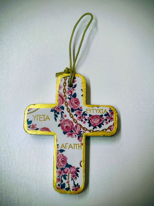 Porzellankreuz mit rosa Blumen und Aufdruck – Glücksbringer