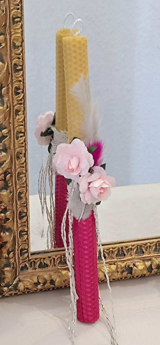 Osterkerze Pink mit Blumen aus Reinem Bienenwachs