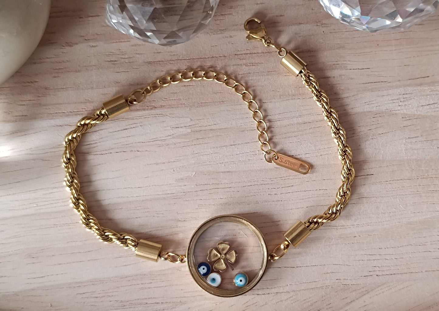Edelstahlarmband mit Kleeblatt und blauen Augen