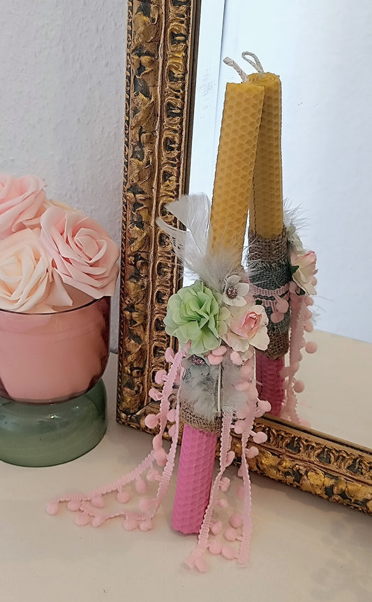 Osterkerze Rosa mit Blumen aus Reinem Bienenwachs