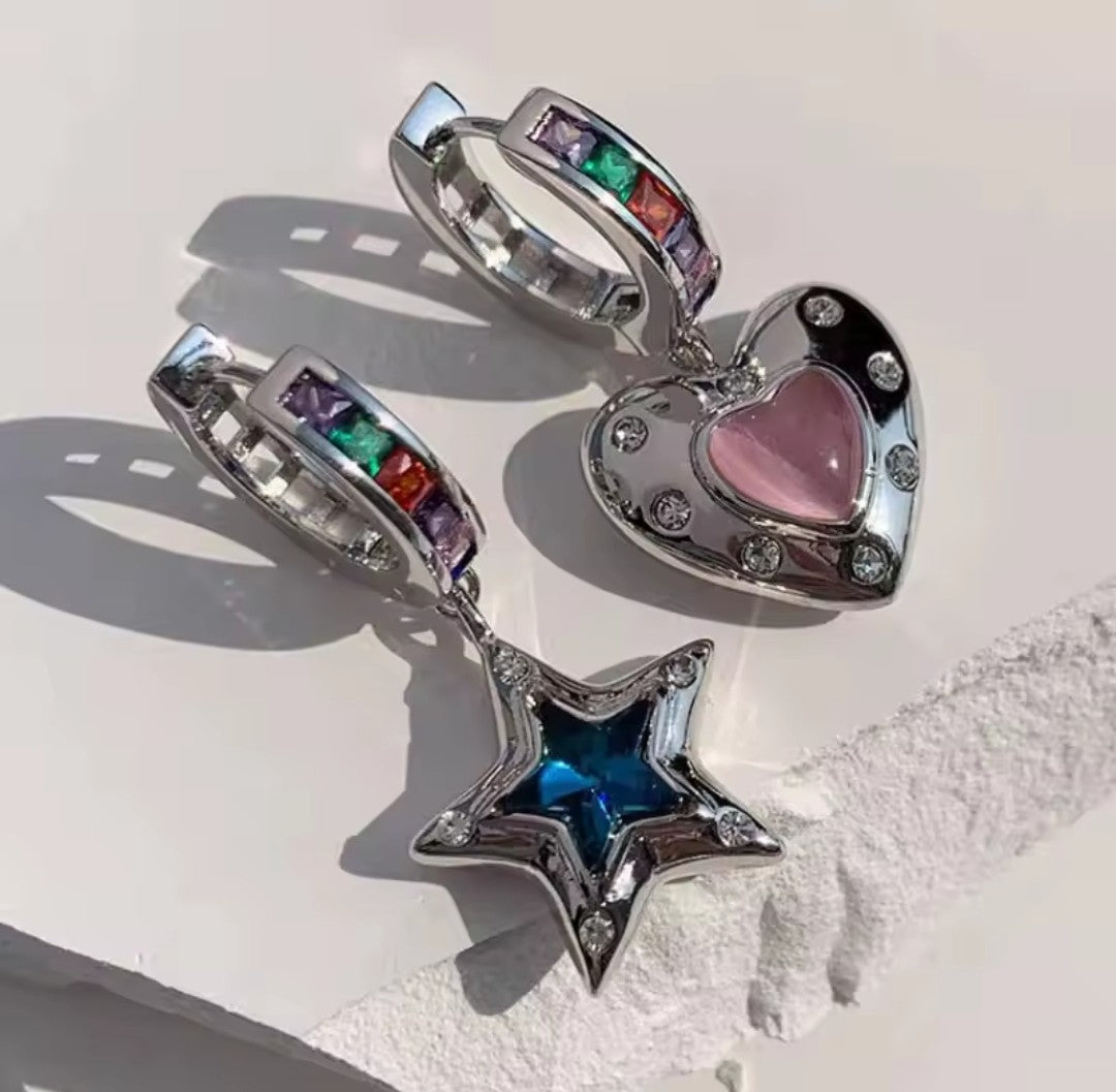 Trendy Edelstahl Creolen mit Herz und Stern Silber