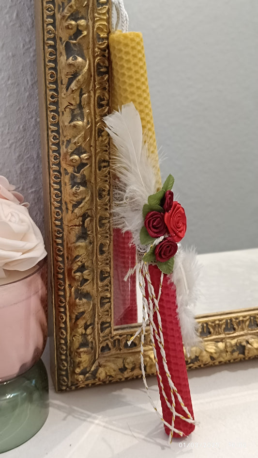 Osterkerze Rot mit Blumen aus Reinem Bienenwachs