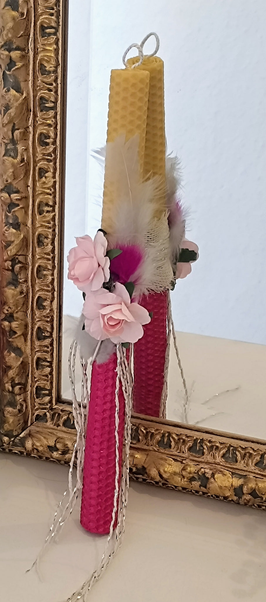 Osterkerze Pink mit Blumen aus Reinem Bienenwachs