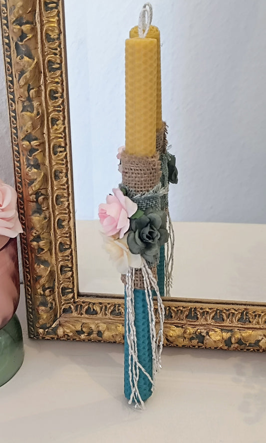 Osterkerze Grün -Blau mit Blumen aus Reinem Bienenwachs