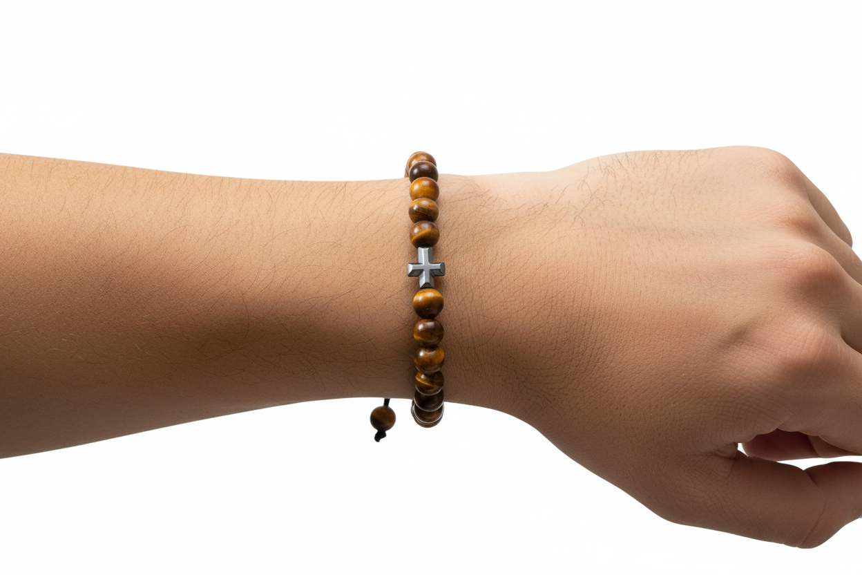 Verstellbare Armband Männer Tigerauge mit Kreuz