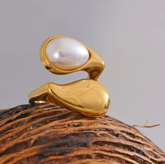 Edelstahl Ring Imitation Perlen PVD Gold