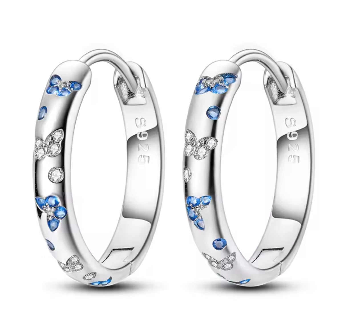 925 Sterling Creolen Ohrringe Blaue Schmetterlinge