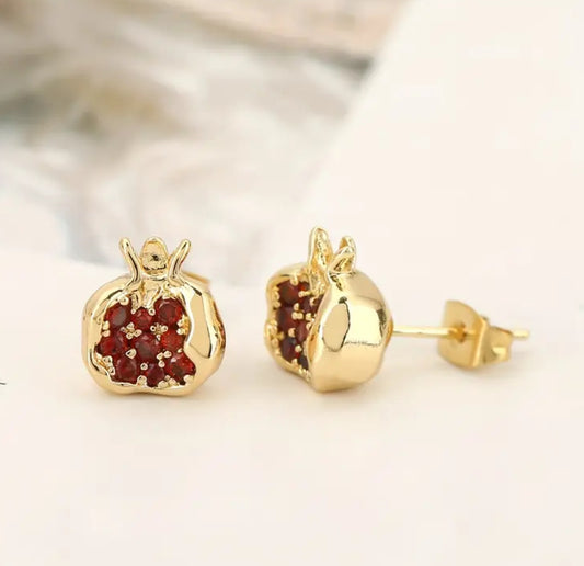 Granatapfel Ohrstecker – Goldfarben mit roten Zirkonia