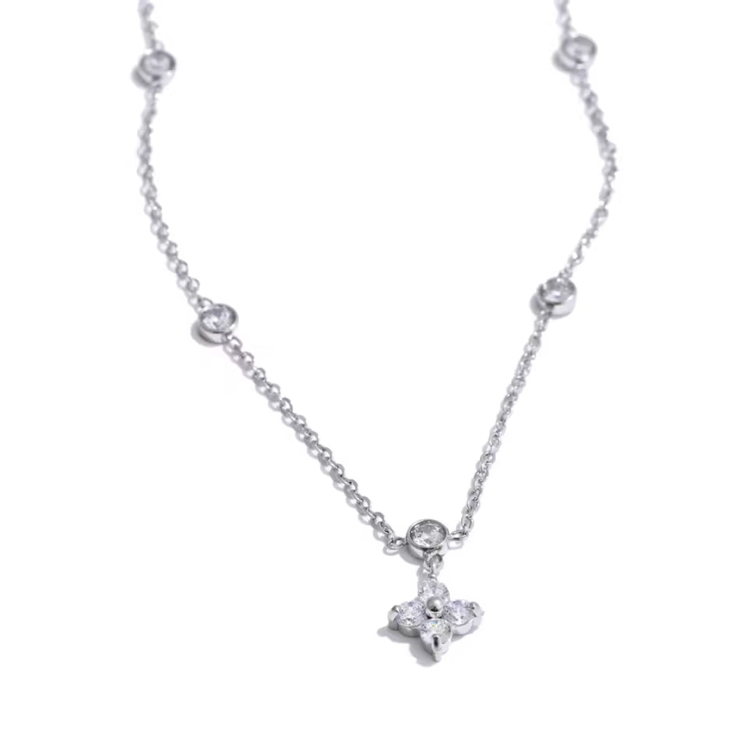 Edelstahl  Zirkonia Blumen Halskette aus 316L Edelstahl
