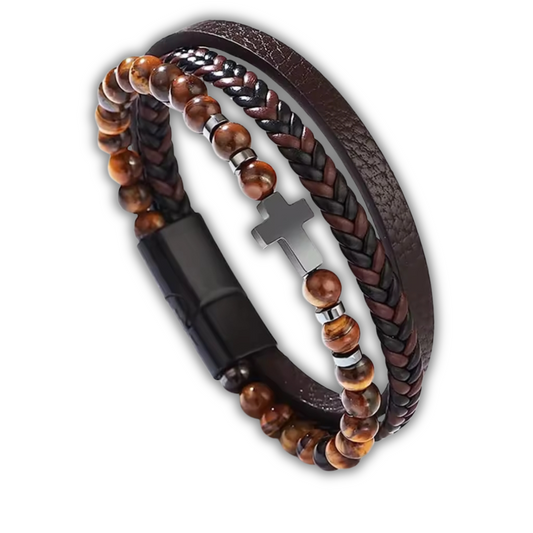 Leder Armband Männer Tigerauge Stein mit Kreuz