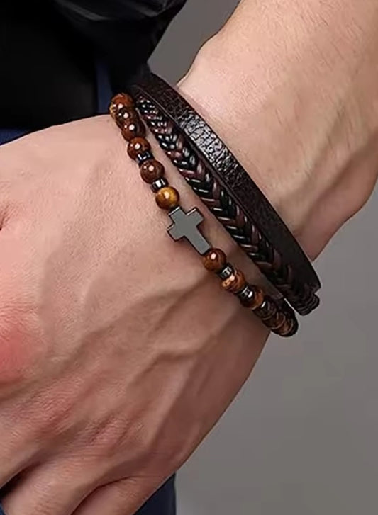 Leder Armband Männer Tigerauge Stein mit Kreuz