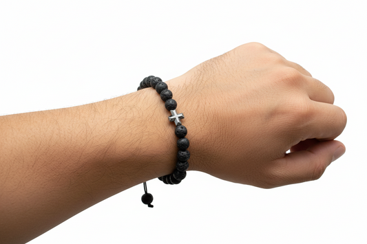Verstellbare Armband Männer Lavastein  mit Kreuz