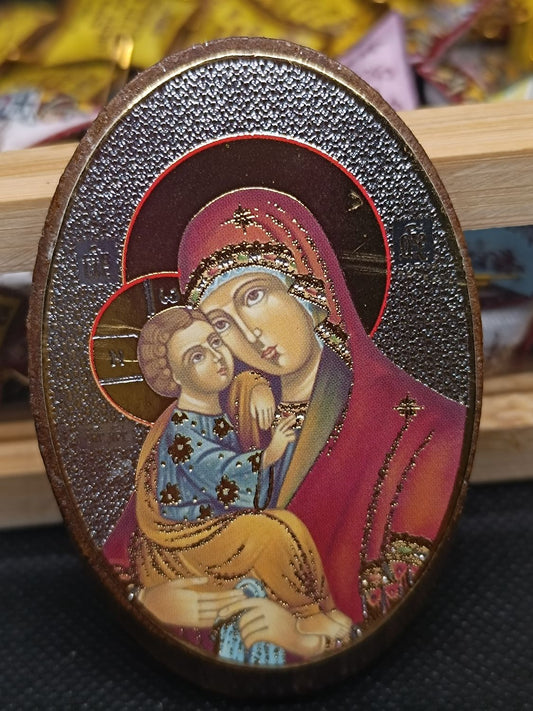 Ikone der Jungfrau Maria aus Holz mit Aufkleber