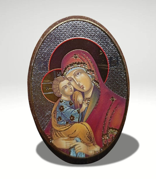 Ikone der Jungfrau Maria aus Holz mit Aufkleber
