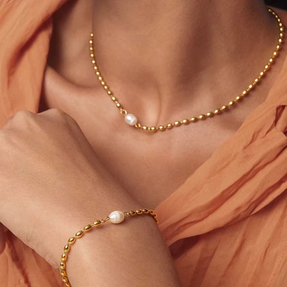 Edelstahl Set Halskette und Armaband mit Perle Anhänger