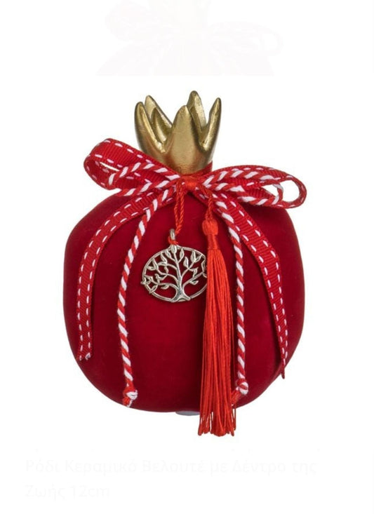 Glücksbringer Granatapfel aus Keramik, Samt mit Lebensbaum, 12 cm