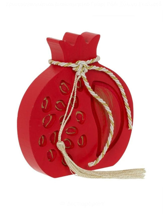 Glücksbringer – Granatapfel aus Holz, geschnitzt mit Früchten, Rot & Goldkordel, 12cm