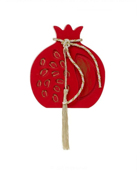 Glücksbringer – Granatapfel aus Holz, geschnitzt mit Früchten, Rot & Goldkordel, 12cm