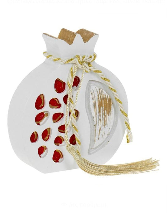 Glücksbringer – Granatapfel aus Holz, geschnitzt mit Früchten, Weiß & Goldkordel, 12cm