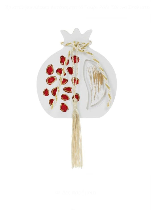 Glücksbringer – Granatapfel aus Holz, geschnitzt mit Früchten, Weiß & Goldkordel, 12cm