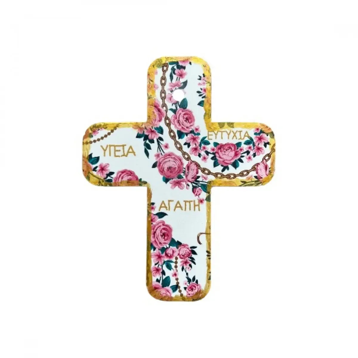 Porzellankreuz mit rosa Blumen und Aufdruck – Glücksbringer