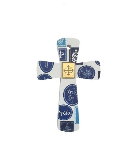 Hängendes Porzellan-Kreuz mit Druck & goldenem Plexiglas ICXC NIKA