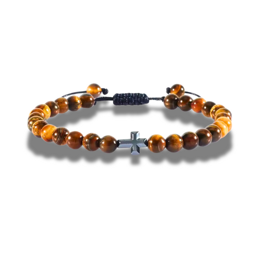 Verstellbare Armband Männer Tigerauge  mit Kreuz