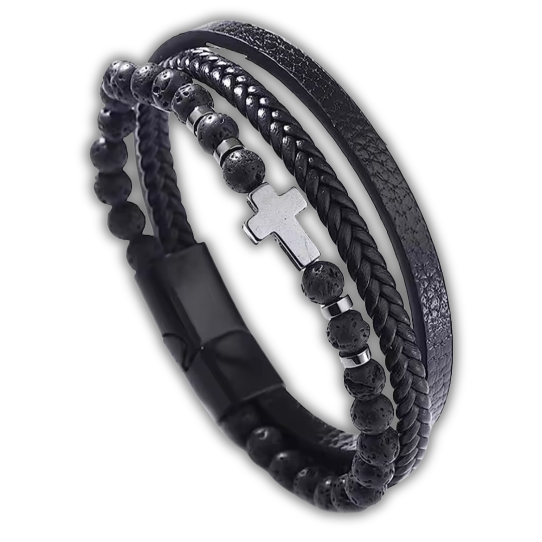 Leder Armband Männer Lavastein  mit Kreuz