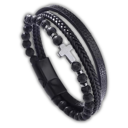 Leder Armband Männer Lavastein  mit Kreuz