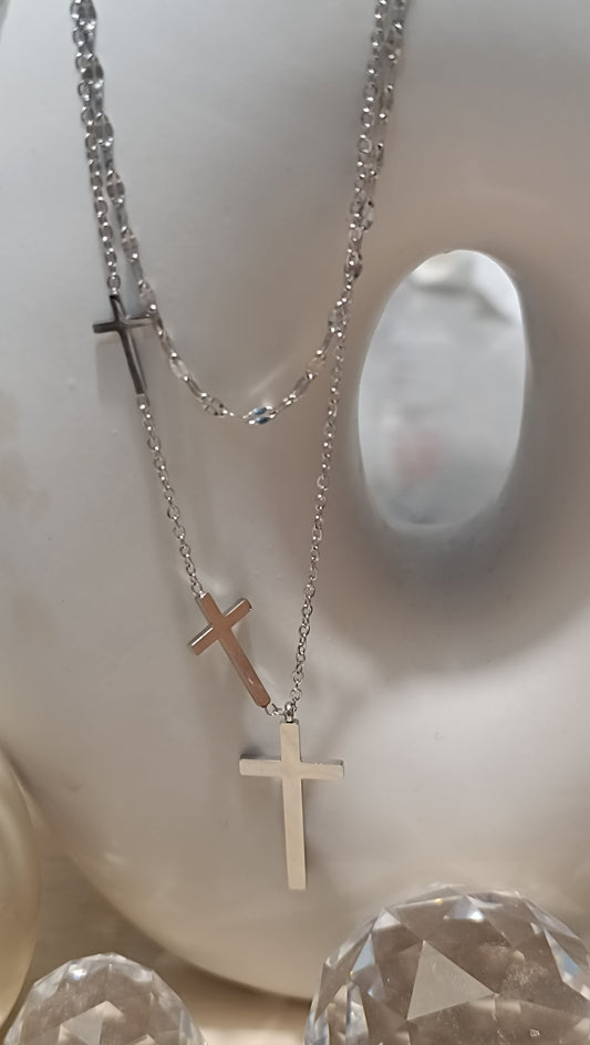 Kreuz Edelstahl mit Doppel-Dreifach-Kette