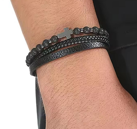 Leder Armband Männer Lavastein  mit Kreuz