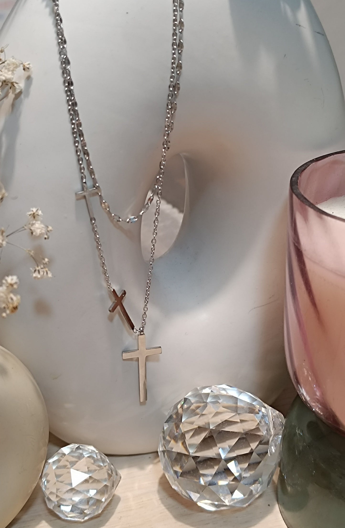 Kreuz Edelstahl mit Doppel-Dreifach-Kette