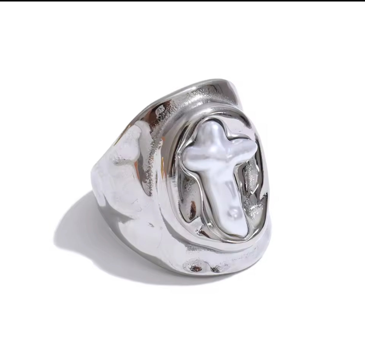 316L Edelstahl Ring mit simulierten Perlen und Kreuz