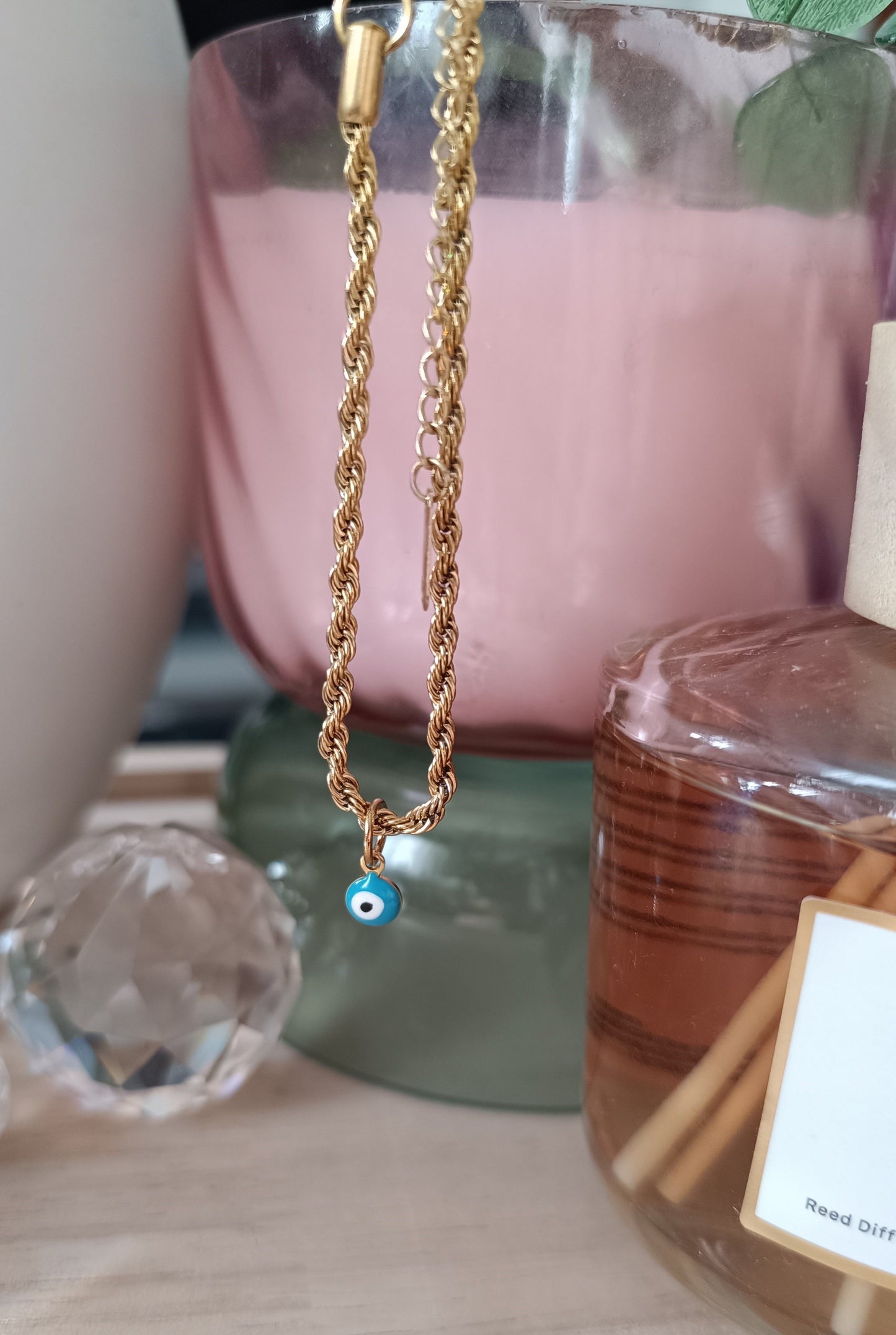Goldenes Anhängerarmband mit blauem Auge aus Edelstahl 316