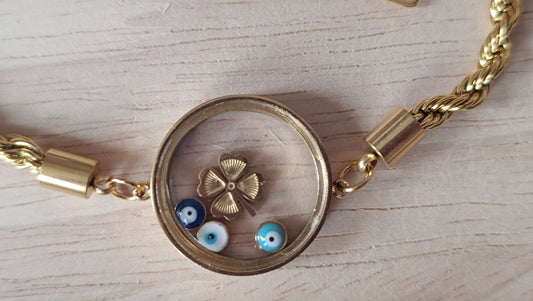 Edelstahlarmband mit Kleeblatt und blauen Augen
