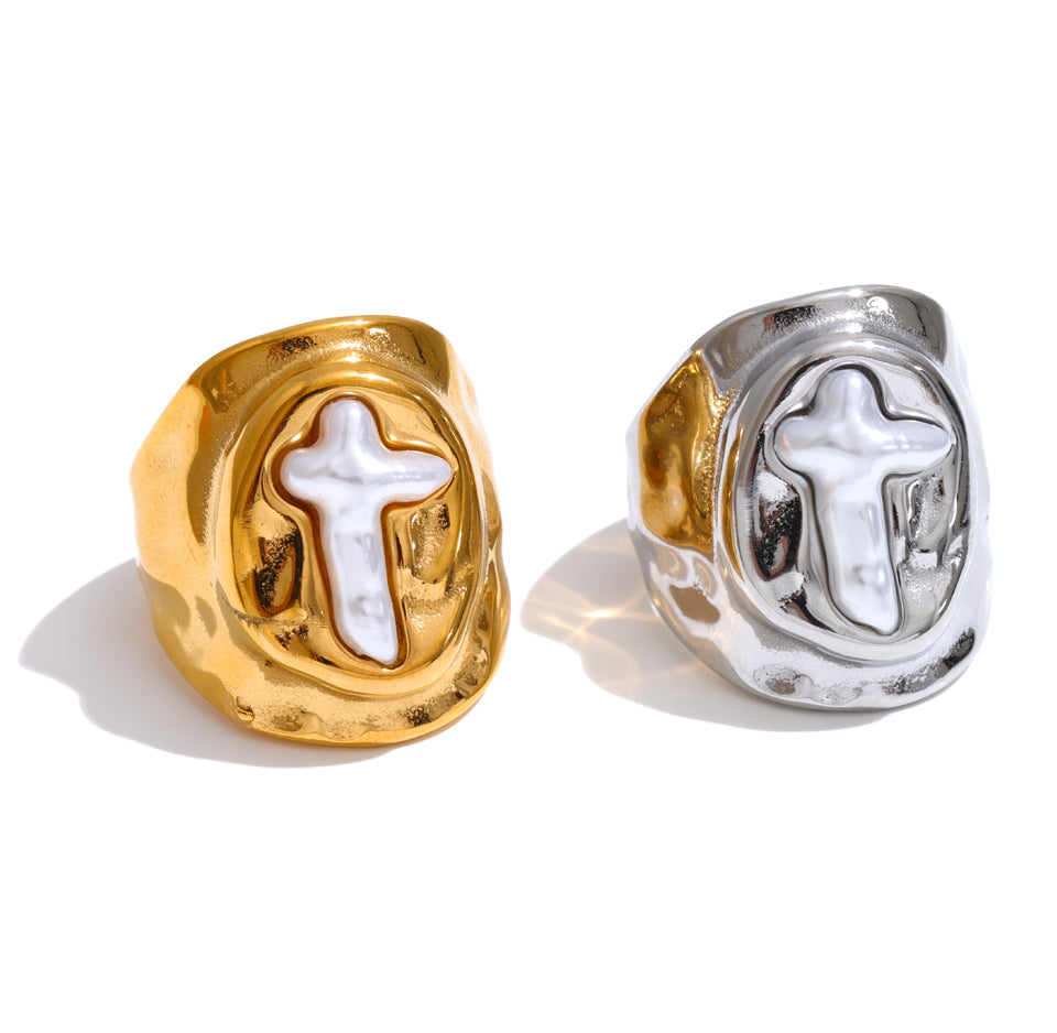 316L Edelstahl Ring mit simulierten Perlen und Kreuz