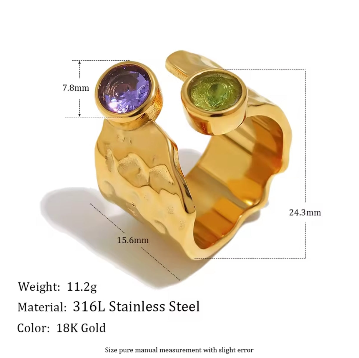 Verstellbarer Ring in Gold mit farbigen Kristallen