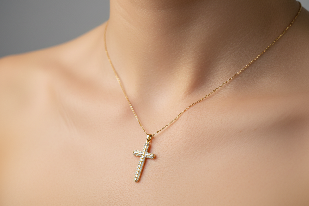 Kreuz aus 316L Edelstahl Gold mit Zirkon