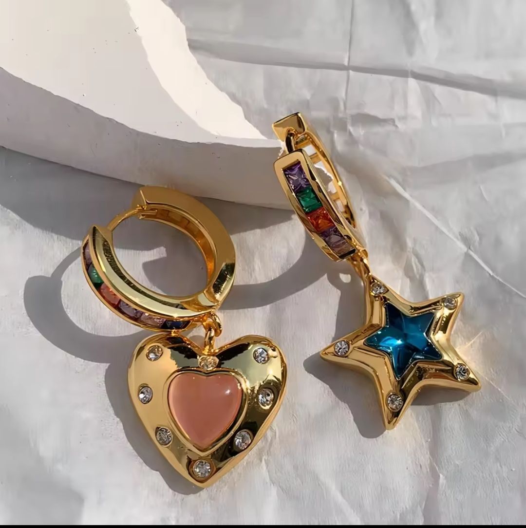 Trendy Edelstahl Creolen mit Herz und Stern Gold