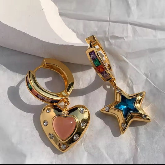 Trendy Edelstahl Creolen mit Herz und Stern Gold